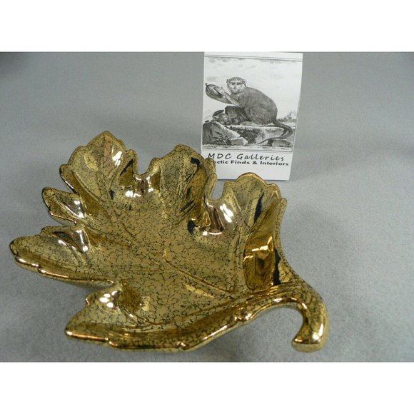 Dish Leaf Shaped Candy Vanity Trinket Pin Soap Bright Gold Tone Crackle Finish - Picture 9 of 9